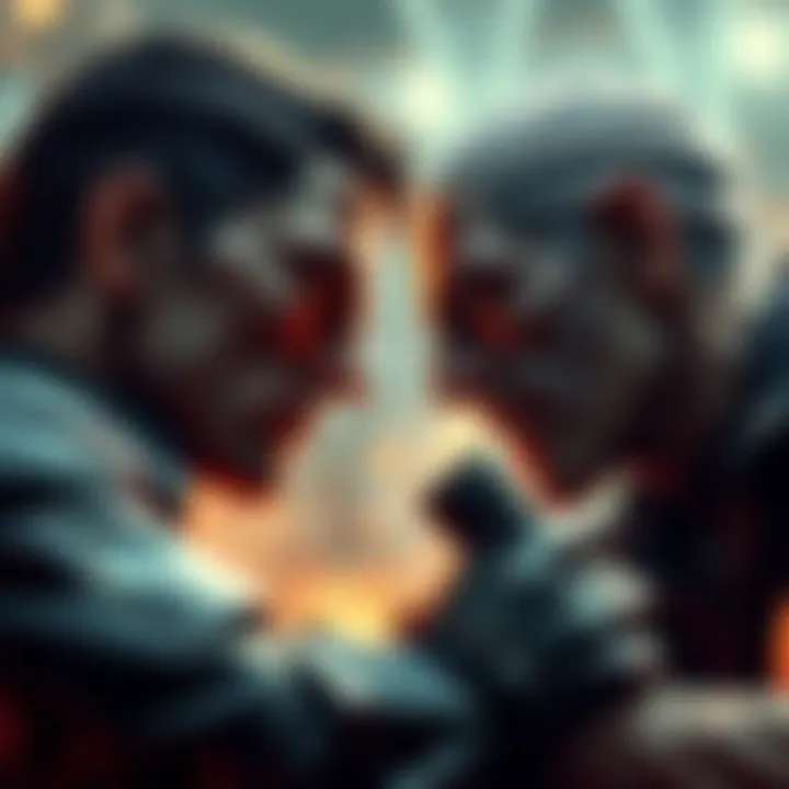 Chris and Wesker Confrontation Chris and Wesker face each other in an intense standoff, showcasing their hero-villain roles with tense expressions and battle-ready stances.