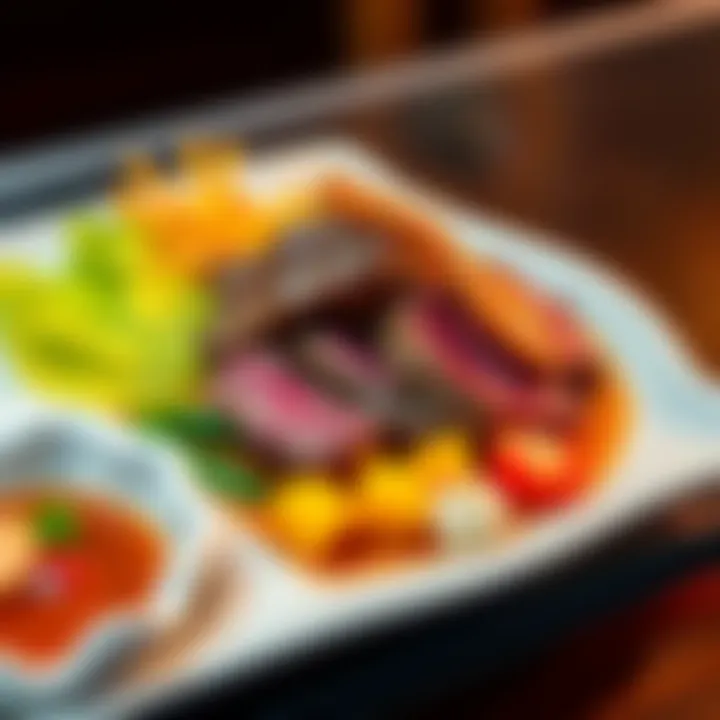 A delicious plate featuring Chris's unique meat dish served at Universal Osaka, garnished with colorful sides, inviting people to try it.