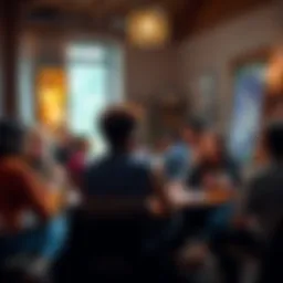 A diverse group of people engaged in a lively discussion about faith and community in a warm setting.