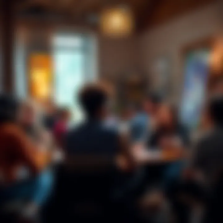 A diverse group of people engaged in a lively discussion about faith and community in a warm setting.