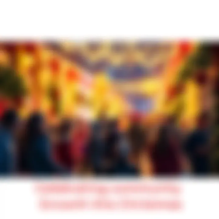 A festive gathering with people celebrating Christmas, surrounded by decorations and lights.