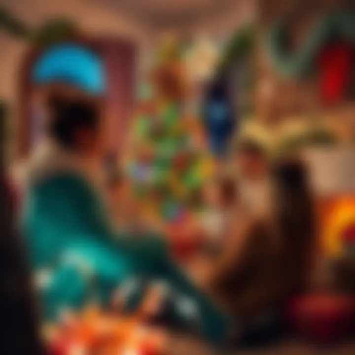 A family gathered around a decorated Christmas tree, exchanging gifts and enjoying festive decorations.