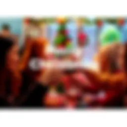 A festive scene showing people toasting with drinks during a Christmas gathering, with decorations and a tree in the background.