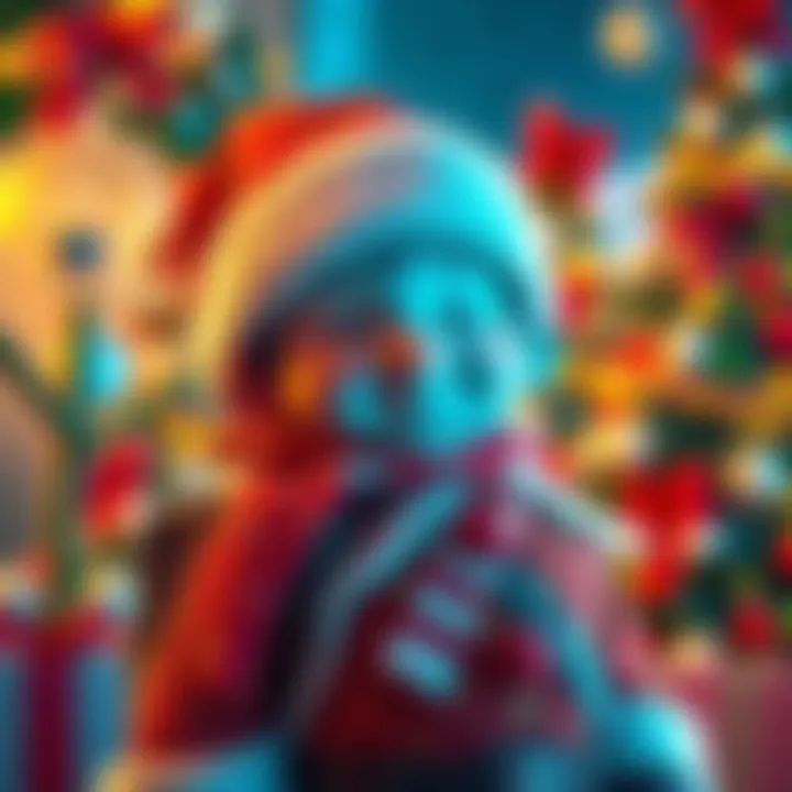 A colorful character wearing a festive outfit with holiday decorations around, ready for a Christmas adventure.