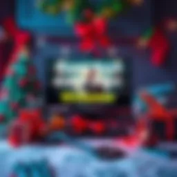 A festive scene showcasing game keys with holiday decorations and a computer screen displaying a popular game, inviting comments for a giveaway.