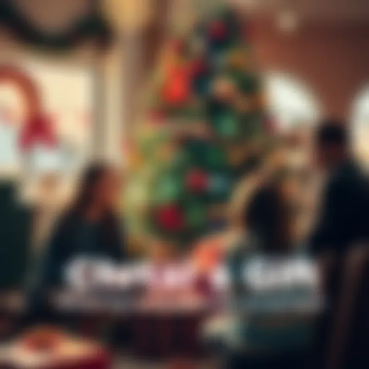 People gathered around a festive tree, sharing stories about their Christmas gifts, with vibrant decorations and wrapped presents visible.