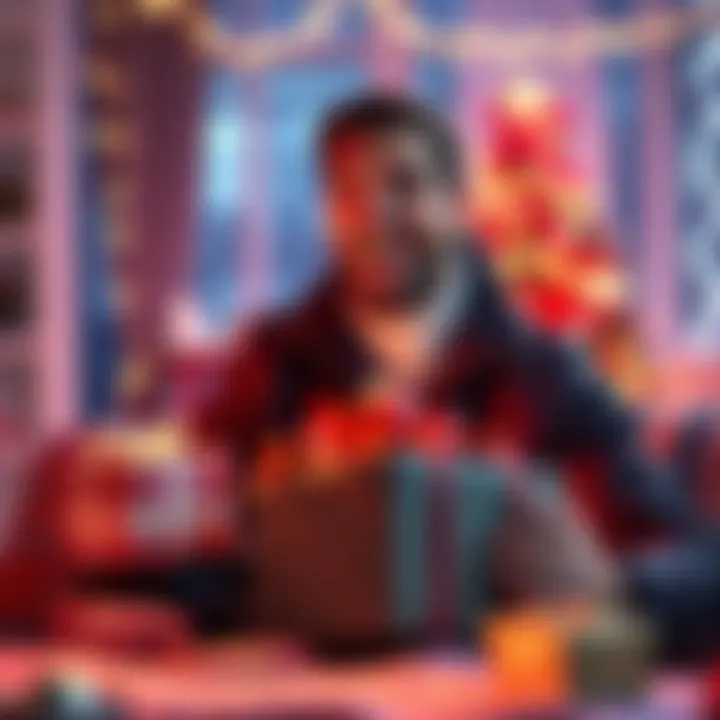 Man laughing joyfully after opening a quirky Christmas gift from his wife