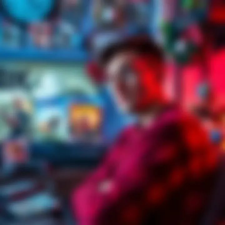 A person contemplating different video games to buy for Christmas, surrounded by game covers and consoles, with festive decorations in the background.