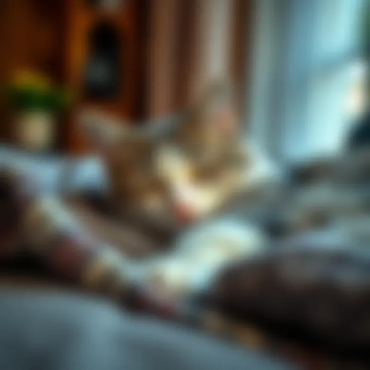 Chuba the cat resting at home Chuba, a gray and white cat, peacefully resting on a cozy blanket at home, showing signs of recovery and comfort.