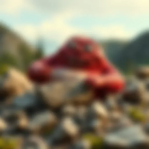 A chubby monster peacefully munching on rocks in a serene setting, surrounded by nature.