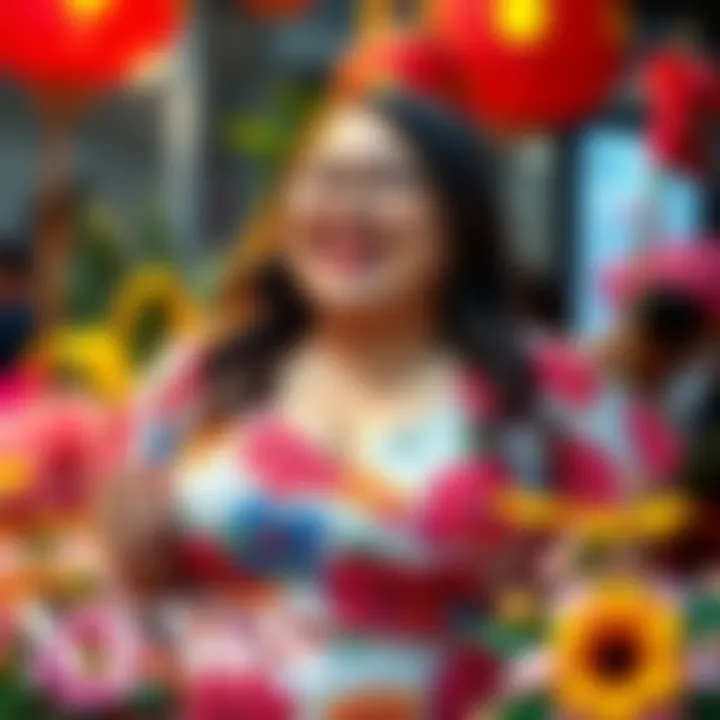 A joyful chubby woman with a warm smile wearing a colorful dress, surrounded by flowers in a vibrant setting.