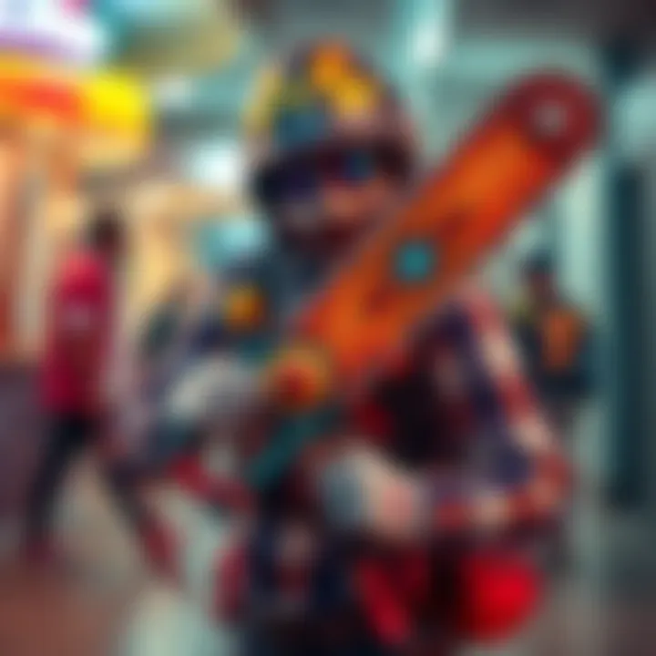A person dressed as Chuck Greene holds a detailed paddlesaw accessory, showcasing vibrant colors and intricate design, perfect for cosplay.