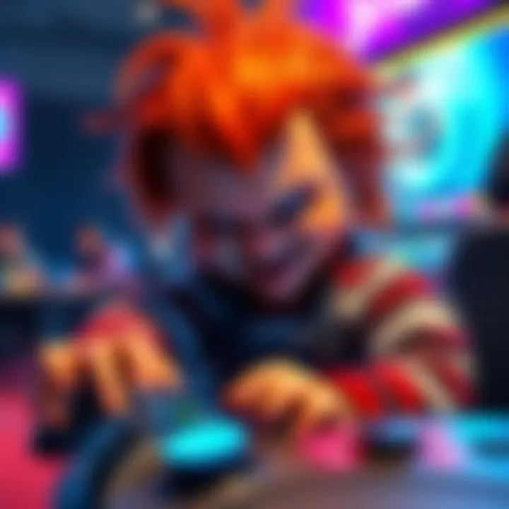 Chucky plays a video game solo, surrounded by random players joining the game, showcasing fast-paced gameplay and excitement.