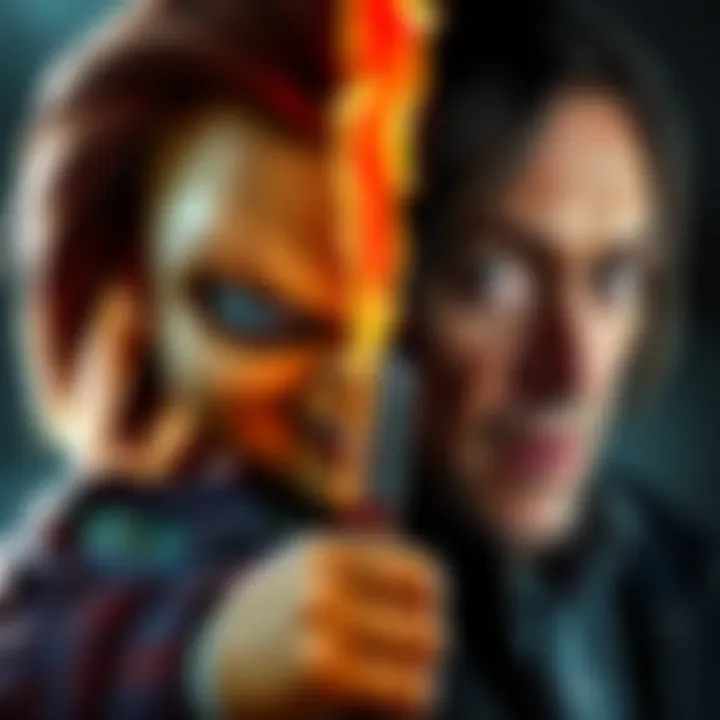 A split image featuring Chucky, a menacing doll, on one side and Alan Wake, a dark and brooding writer, on the other, highlighting their unique styles.