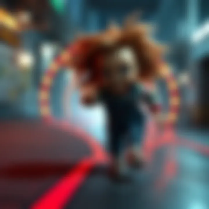 A character resembling a doll with messy hair and overalls, running away from a circular path in a video game setting.