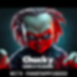 Chucky appears in a video game, looking menacing with a playful grin, surrounded by a dark, eerie environment.