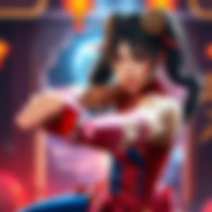 Chun Li striking a powerful fighting pose, showcasing her iconic move and fierce expression, ready for battle in a colorful gaming backdrop.
