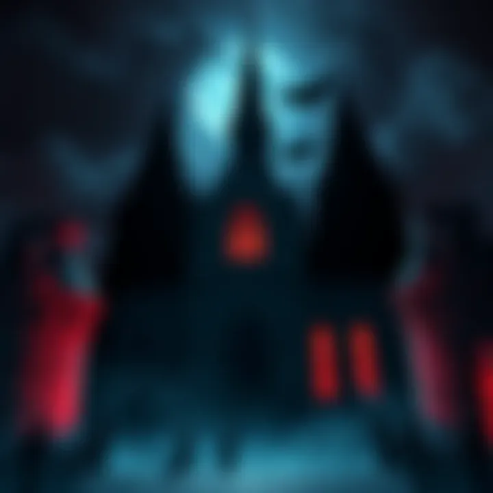 Church depicted as the villain in Dracula A dark, gothic church with ominous shadows surrounding it, symbolizing its role as a villain in the Dracula narrative