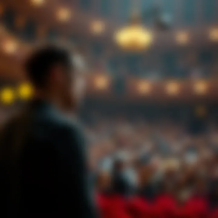 A dramatic cinematic scene showing a character facing a shocking death, highlighting intense emotions and reactions, with a blurred background of a crowded theater, emphasizing audience shock.