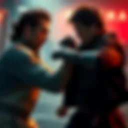 Cinematic Fight Scene Two characters engaged in an intense fight in a dynamic cinematic setting, showcasing action and drama.