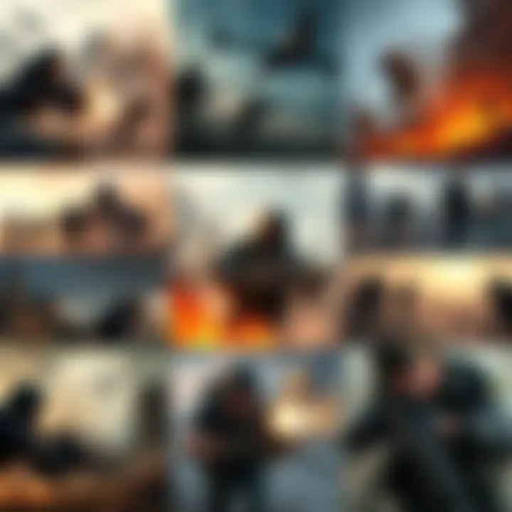 Cinematic shooter game montage A collage of scenes from various single-player shooter games showing action-packed gameplay and historical settings