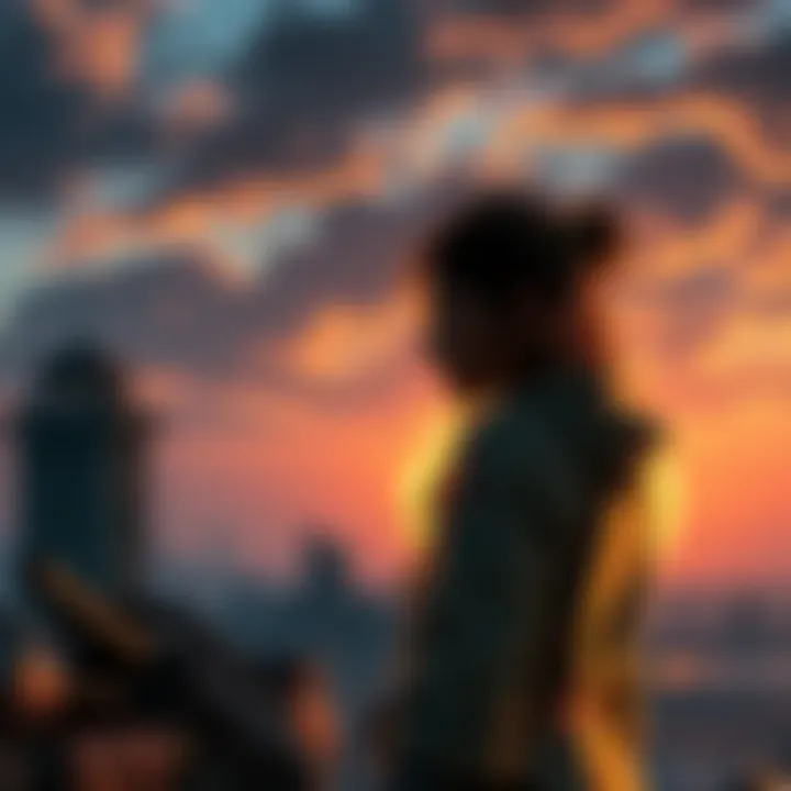 A powerful scene from a video game showing a character in an emotional moment, with a detailed background of a ruined cityscape at sunset