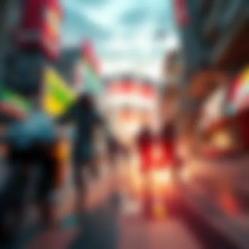 Cinematic Video Game Scene A thrilling scene from a video game showcasing an action-packed moment with characters running through a vibrant cityscape, similar to a blockbuster movie.