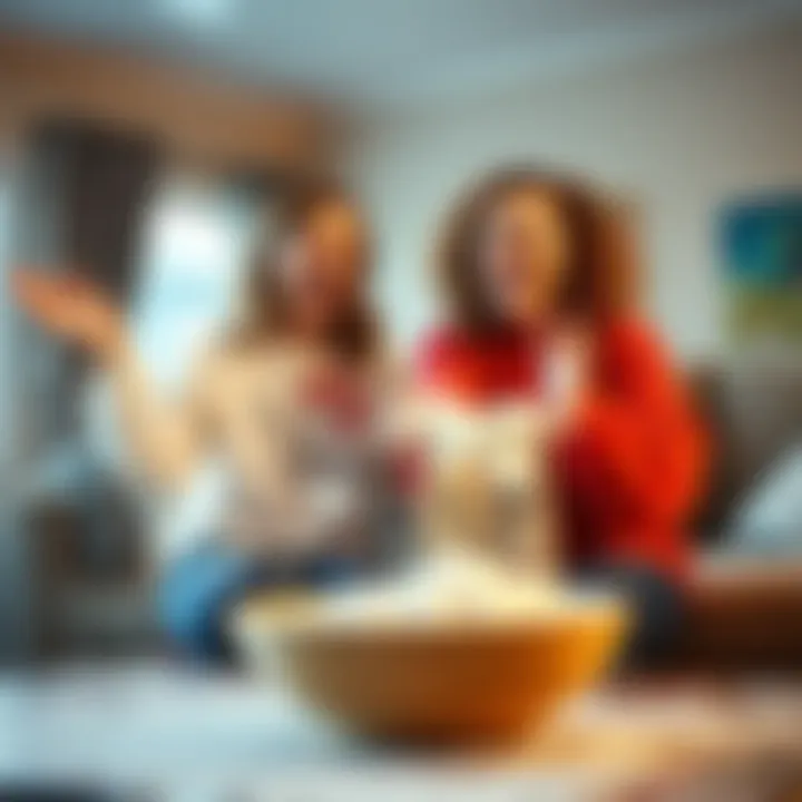 Cinna and Agent laughing while throwing flour in the living room, creating a messy scene with flour on furniture.