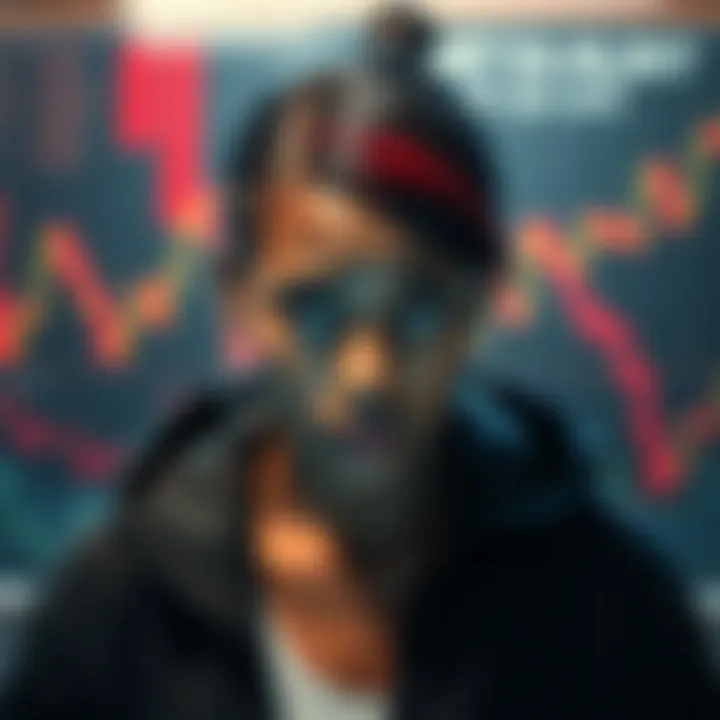 Cinna looking worried with charts showing declining trends in the background.