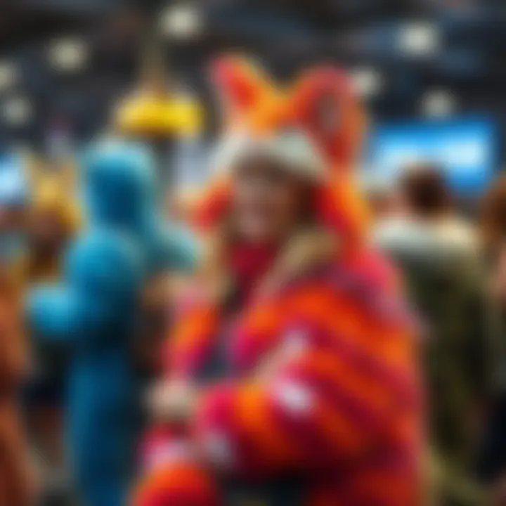 Cinna's step mom wearing a colorful furry costume at a community event, smiling and socializing with others in costumes.