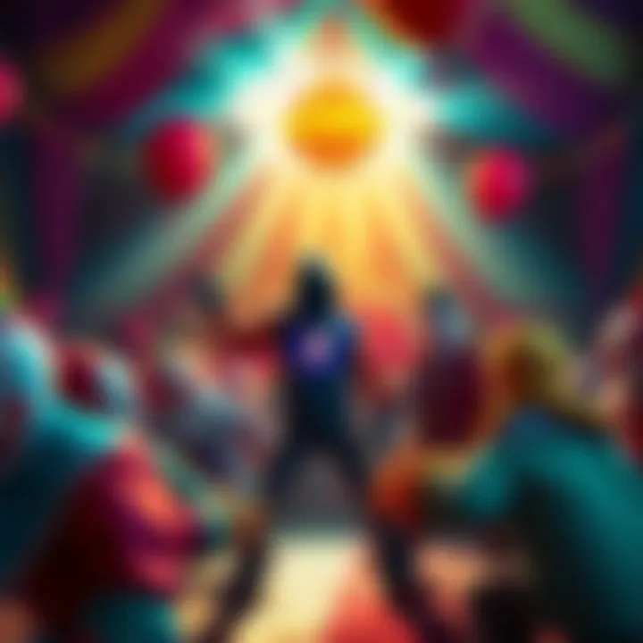 Colorful circus setting featuring a character fighting clowns with a lightning bolt symbol