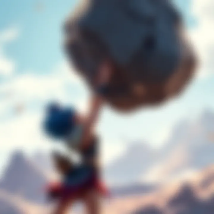 Cirno, a character with blue hair, lifts a large boulder above her head in an exciting scene from a new game trailer.