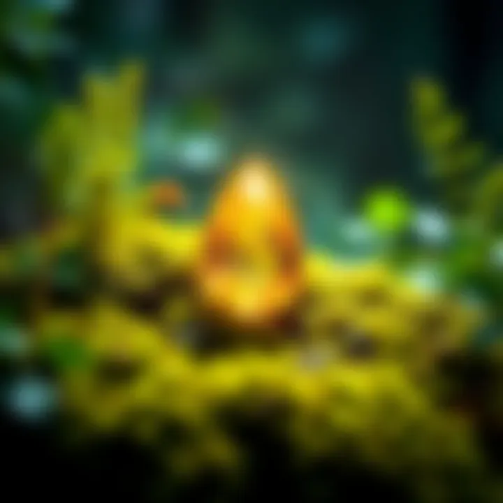 Citrine Gemstone Among Forest A sparkling citrine gemstone placed on moss and surrounded by green forest foliage