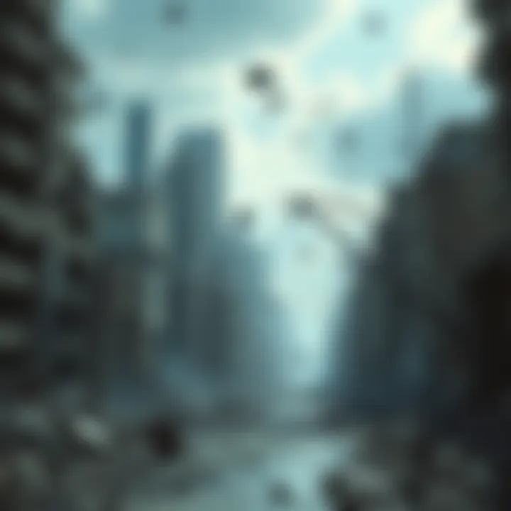 A city skyline crumbling under destruction with debris scattered around