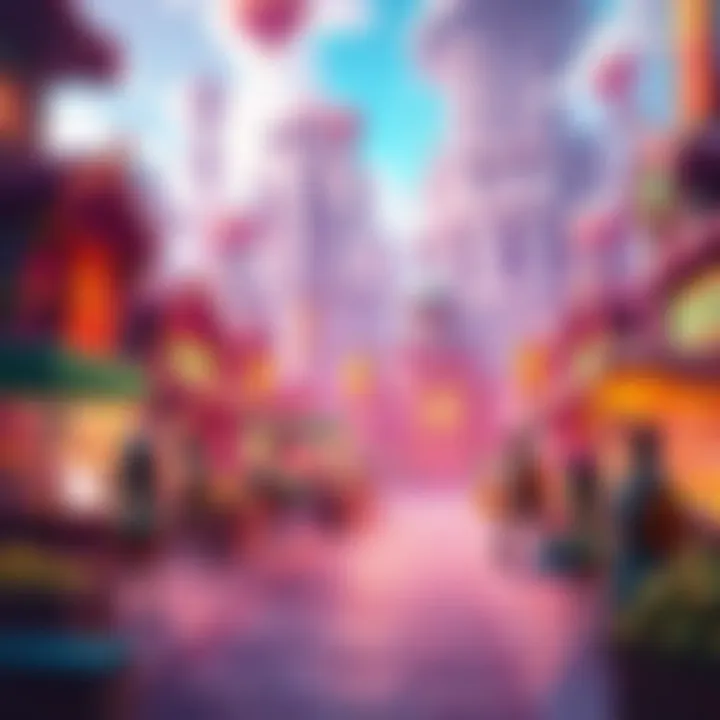 City builder game concept A vibrant city-building game interface featuring trading, resource gathering, and economy elements with animated characters engaging in commerce.