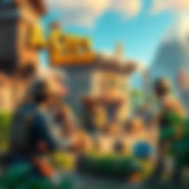 A vibrant scene showing players engaging in a city-building game, with characters acting as woodcutters and farmers while developing their settlement.