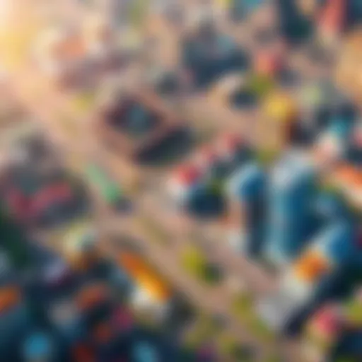 A vibrant screenshot of a city builder game showing a bustling city with buildings and roads