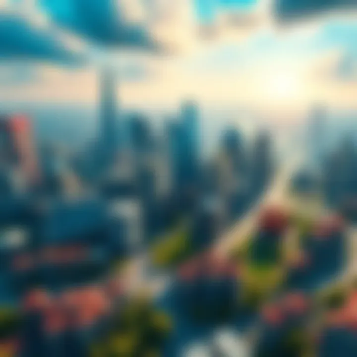 A vibrant city skyline filled with buildings, parks, and roads, showcasing a dynamic city builder gameplay environment.