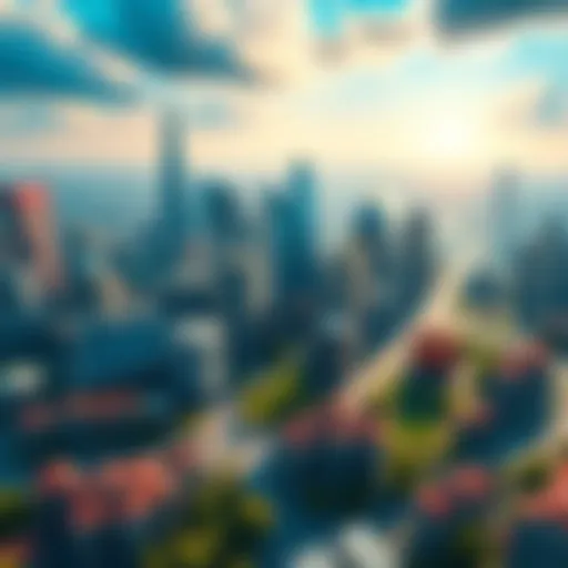 City Building Game Scene A vibrant city skyline filled with buildings, parks, and roads, showcasing a dynamic city builder gameplay environment.