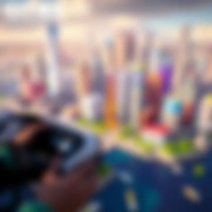 City building in VR A player constructing a vibrant city in Cities VR Enhanced Edition on PSVR2, showcasing improved graphics and smooth gameplay