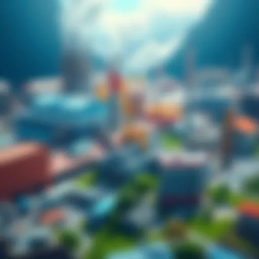 City and factory building games A collage of colorful city and factory scenes from popular video games, showcasing buildings, factories, and vibrant landscapes