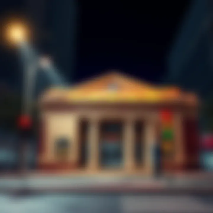 A city hall building with a clear sign, indicating the location for paying traffic fines. A person stands nearby looking concerned about a recent traffic violation.