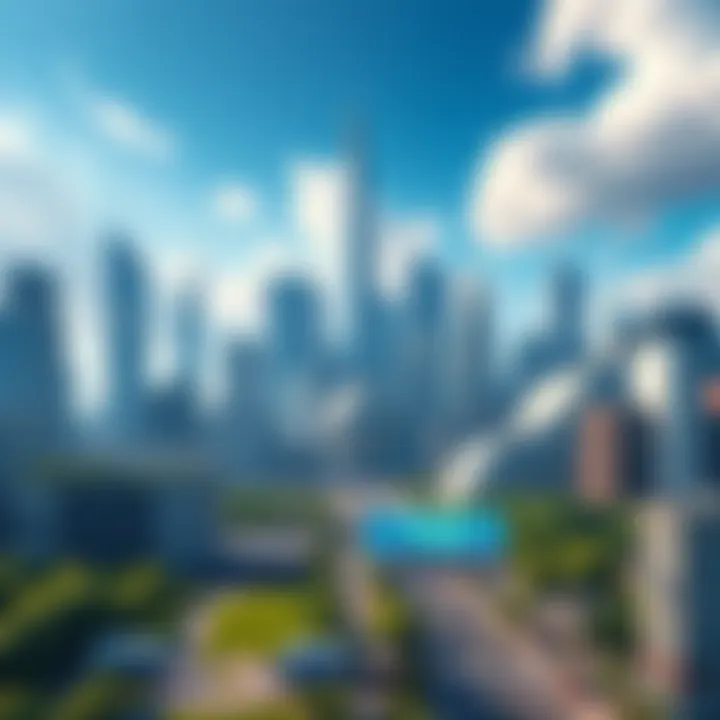 A vibrant city skyline featuring tall buildings, green parks, and busy streets representing a city-building game scene