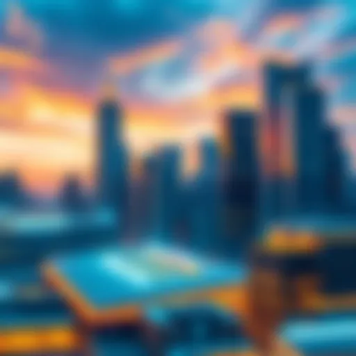 A modern city skyline showcasing tall business buildings, symbolizing the influence of capitalism on urban life.