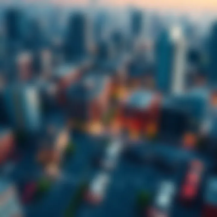 A colorful illustration of a city landscape filled with parked cars, showing buildings and roads being transformed into parking spaces, representing urban planning challenges.