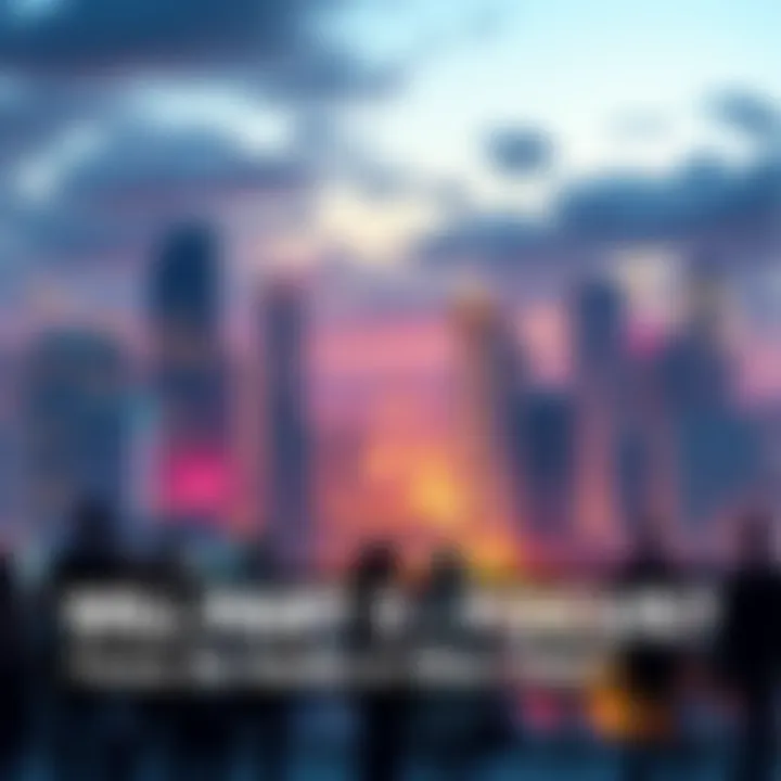 Cityscape Discussion A vibrant city skyline with people talking about travel destinations, representing the debate on focusing on Seattle or multiple cities for Part 3.