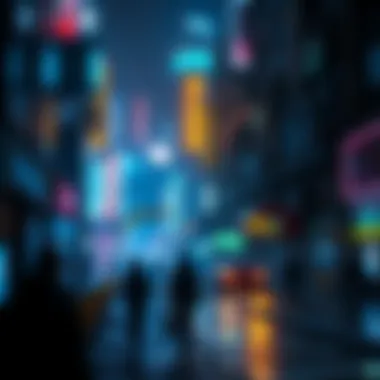 A dark urban scene lit by bright neon lights, showing a mix of advanced technology and signs of decline, with people in futuristic attire walking in the streets.