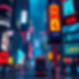 A futuristic city glowing with neon lights and digital billboards, showing a blend of technology and urban life.