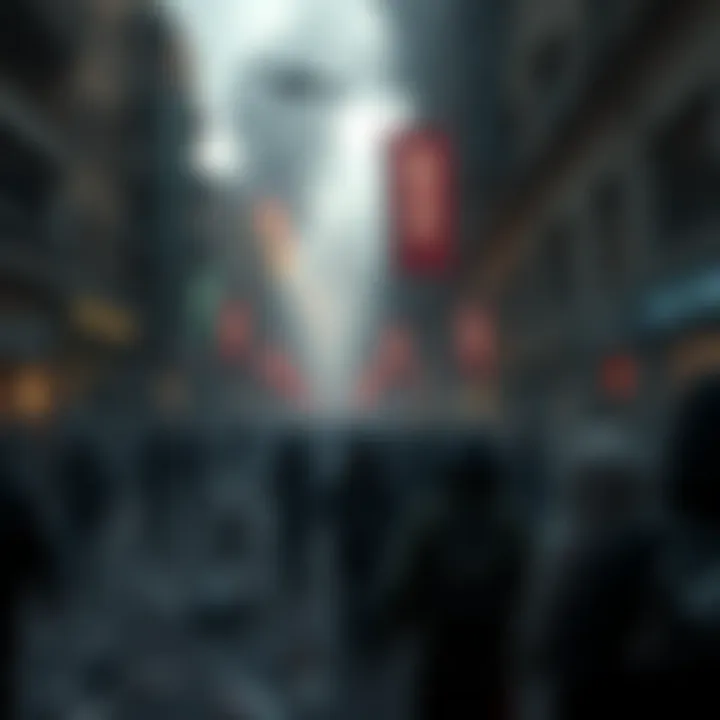 A scene showing civilians in a damaged city during a crisis, with an atmosphere of despair and conflict, reflecting the toll of war.