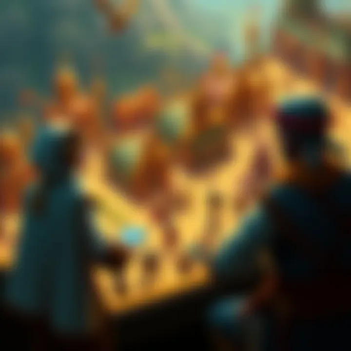 Civilization Building Game Scene Leaders managing their community in a vibrant civilization building game with buildings and resource management.